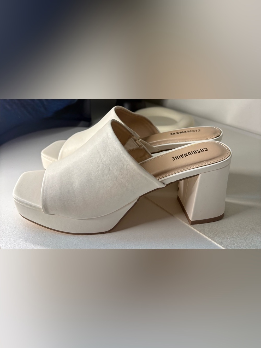 Cushionaire White Slide Heels - Minimal Square Toe Mules - Picture 3 of 6
